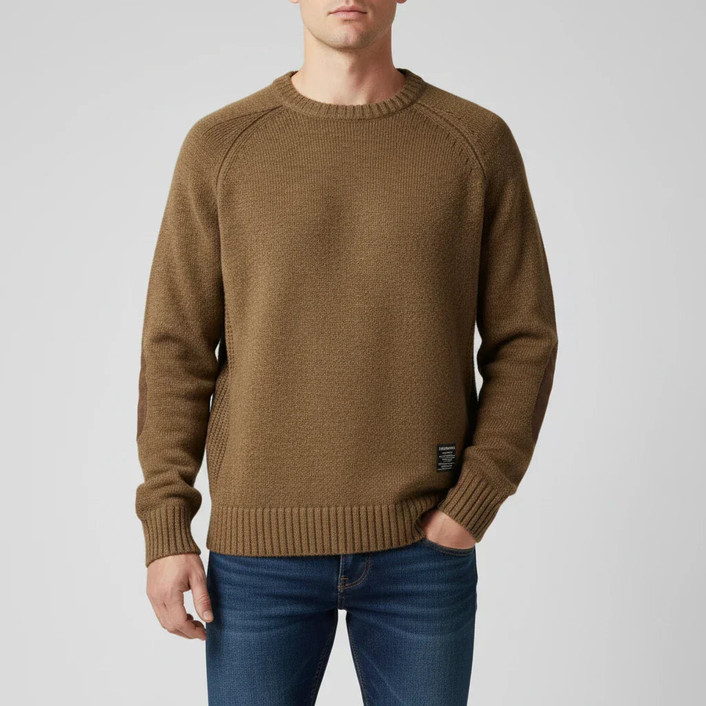 Men's classic red knit sweater raglan sleeves crew neck ribbed hem reinforced elbow patches