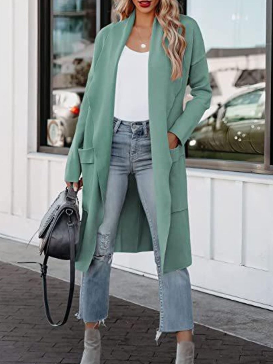 Minimalist open front dropped shoulder outerwear, lightweight layering coat with draped silhouette
