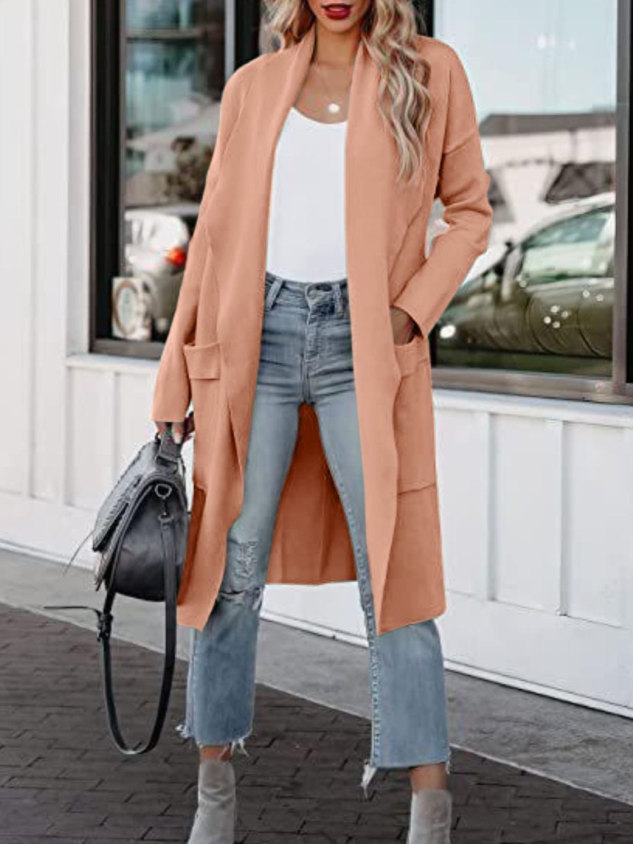 Minimalist open front dropped shoulder outerwear, lightweight layering piece with draped silhouette