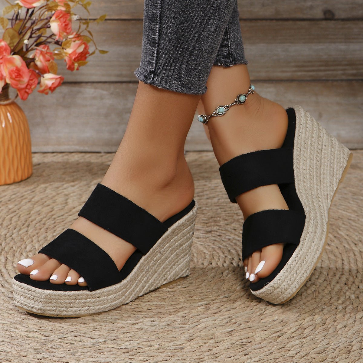 Women's open toe wedge sandals neutral tone mid-height stable sole elegant casual dressy versatile