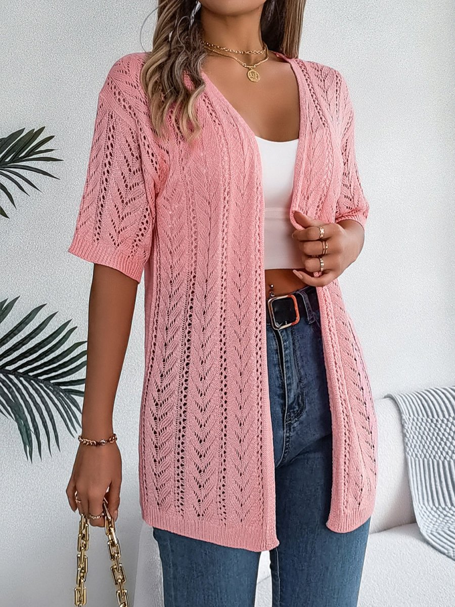 Women's open front half sleeve cardigan delicate lace knit openwork pattern lightweight luxury