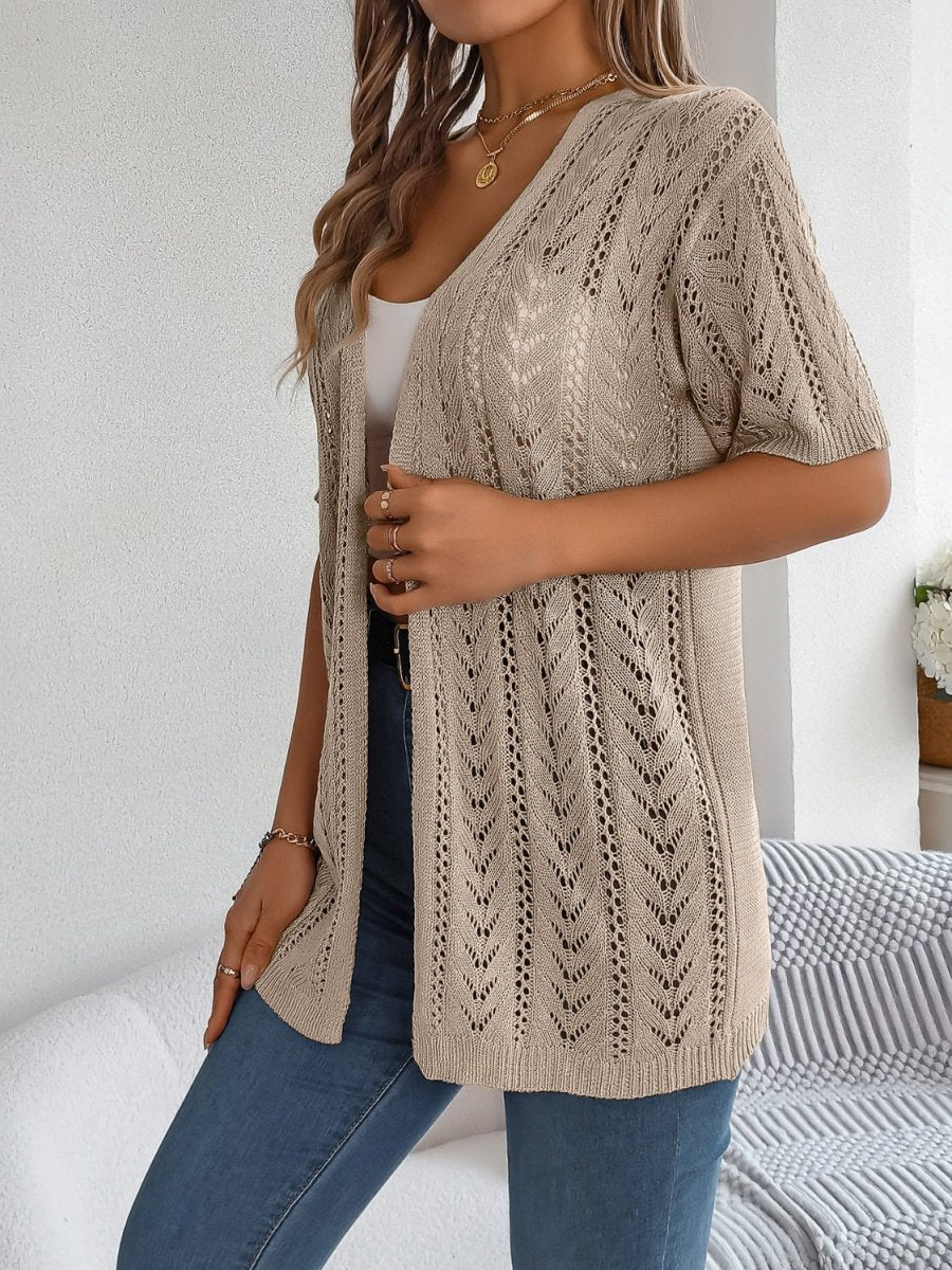 Women's open-front half-sleeve knit cardigan with delicate openwork lace pattern, lightweight luxury