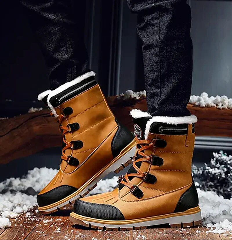 Men's black fur-lined mid-calf boots lace-up side zipper rugged grip sole winter outdoor