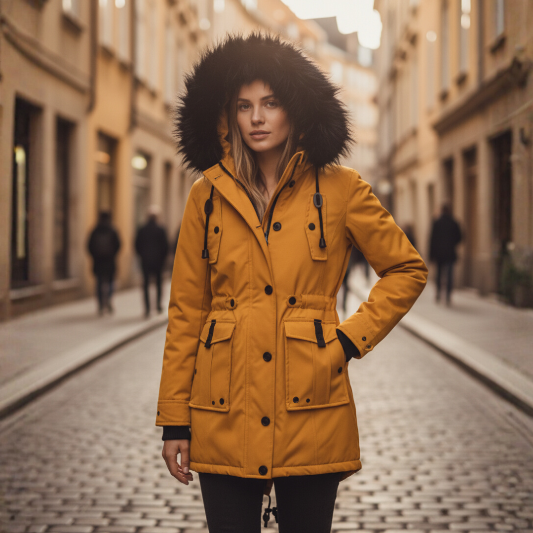 Women's hooded parka with synthetic fur-trimmed hood, zip-button closure, casual winter outerwear with pockets