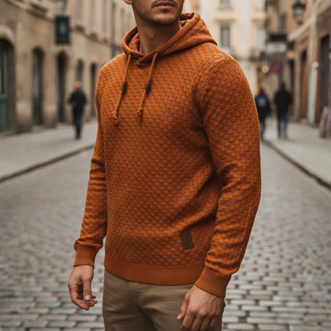 Men's beige polyester hoodie sweatshirt with adjustable hood and front pocket, casual sporty fit