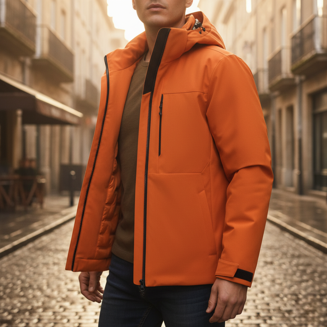 Men's yellow waterproof jacket adjustable hood all-weather durable polyester modern slim fit outdoor