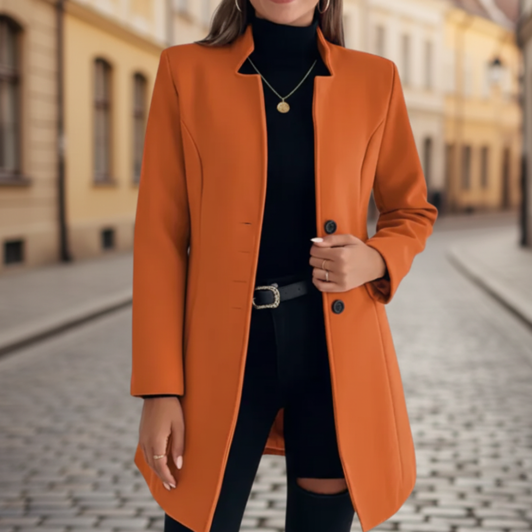 Women's long polyester coat in black, green or navy blue with classic button closure