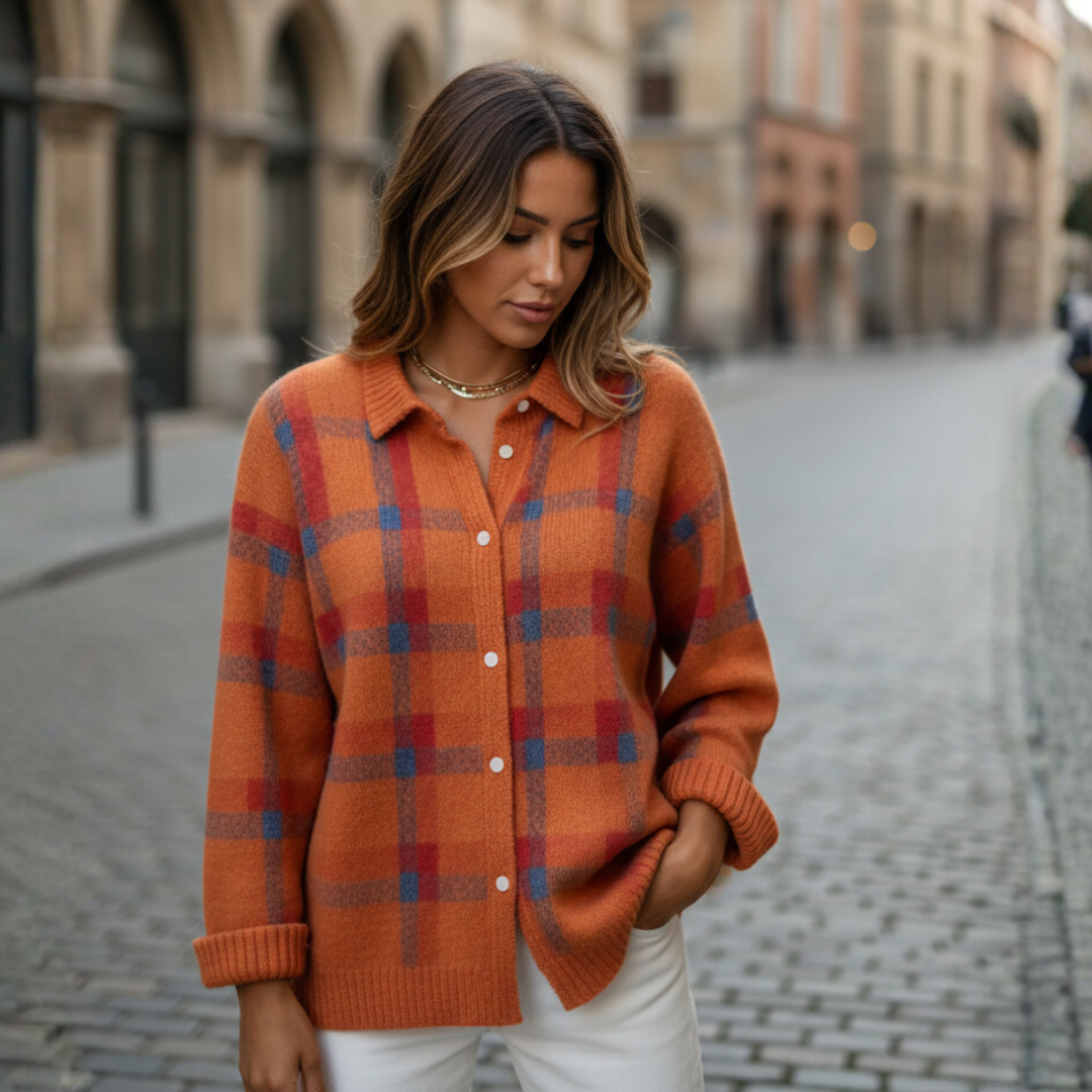 Women's plaid shirt sweater in blue orange green soft knit fabric with button collar casual fit