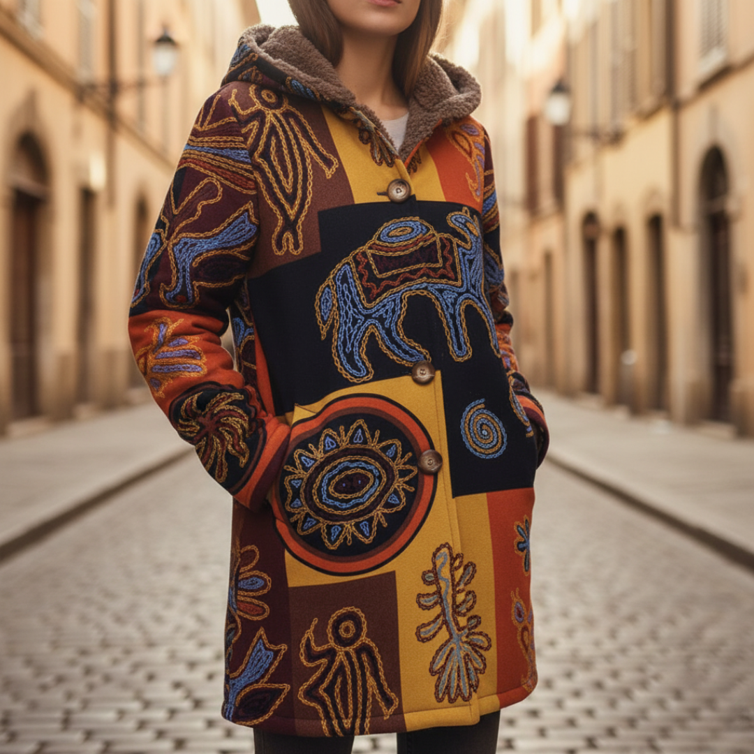 Women's floral hooded winter jacket with warm lining and zip closure, cozy modern style