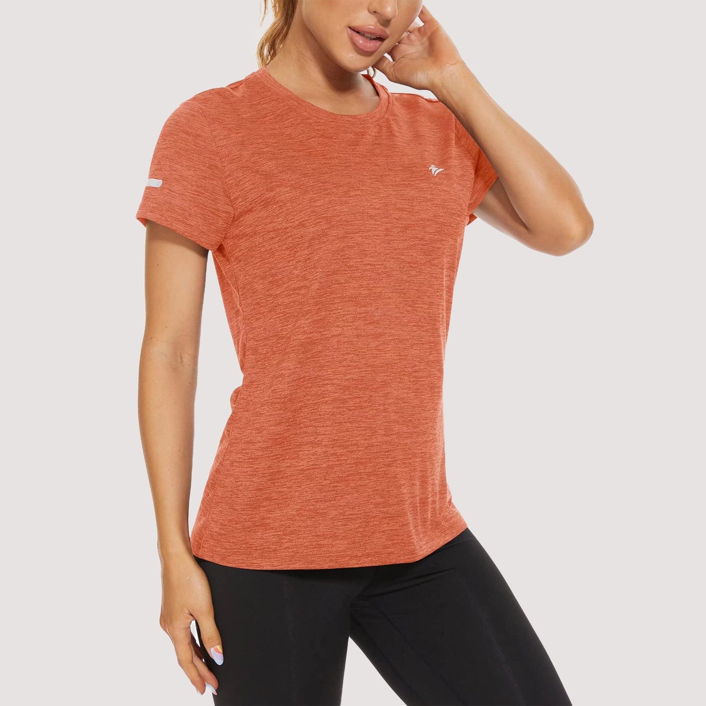 Women's quick-dry moisture-wicking running tee with reflective strips, lightweight polyester activewear