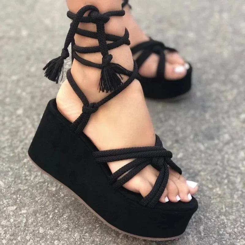 Women's lace-up platform wedge sandals open toe vegan suede rope-tie straps bold summer style