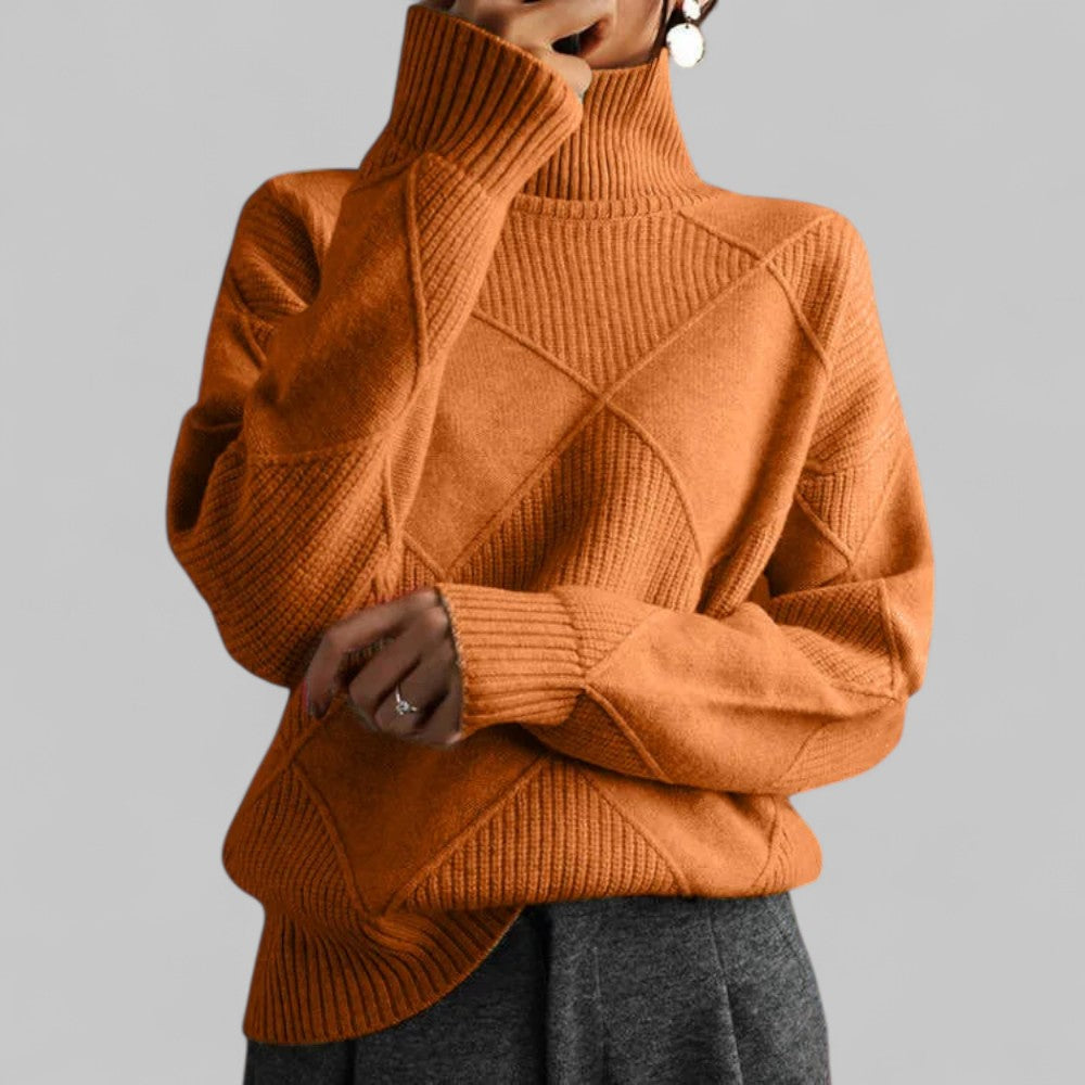 Violet women's turtleneck sweater with diamond-knit pattern, cozy winter style in rich purple hue