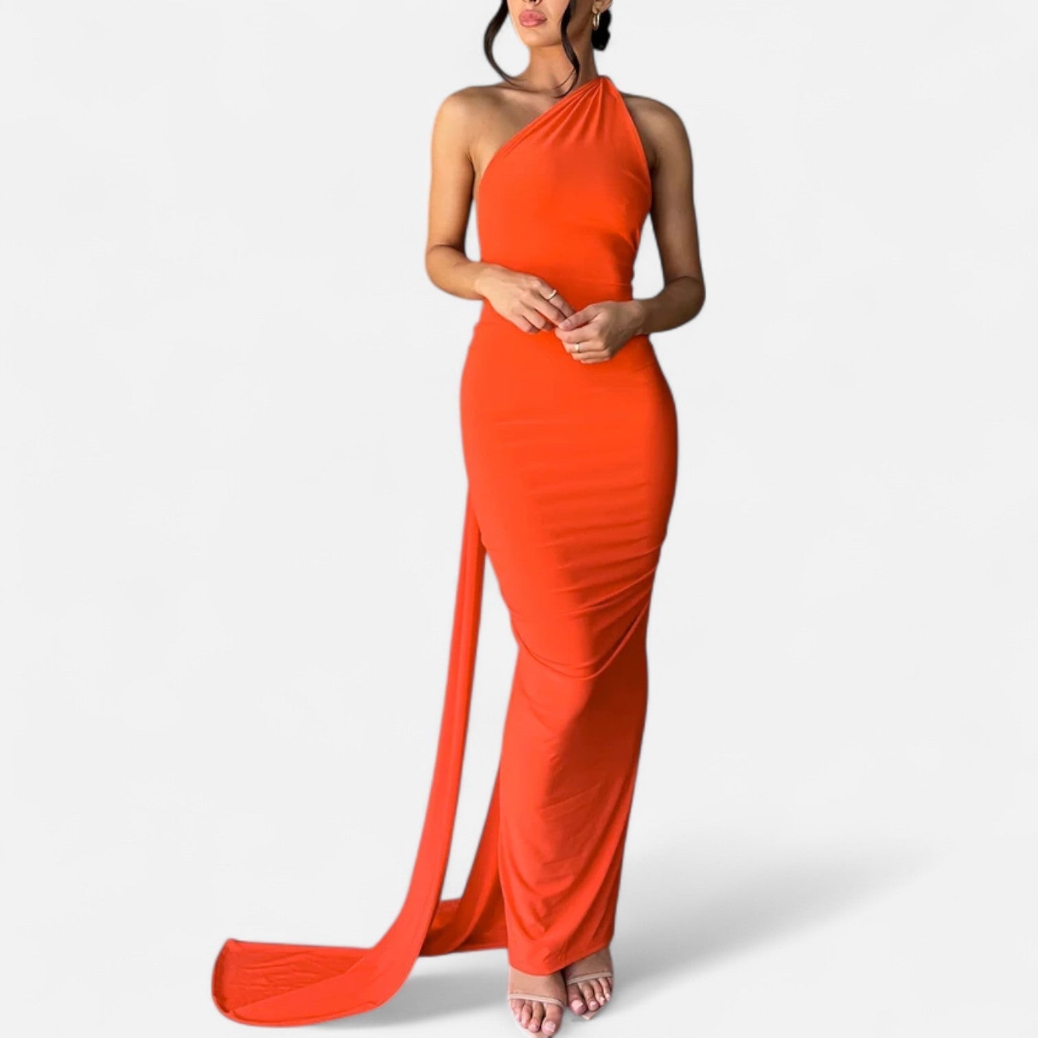 Black scarf-tier evening maxi dress with figure-flattering fit and elegant artistic scarf detail