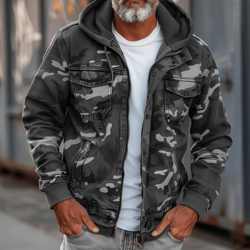 Men's green camo zip-up hooded jacket with adjustable hood, urban streetwear outerwear