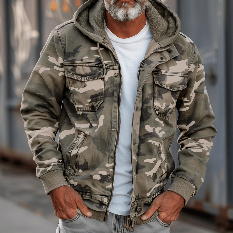 Men's green camo zip-up hooded jacket with adjustable hood, urban streetwear outerwear