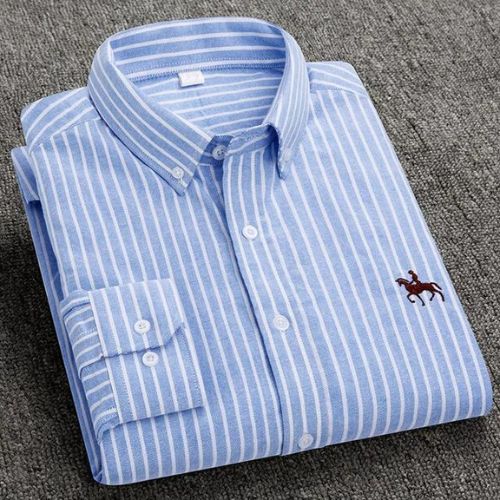 Men's blue white striped cotton dress shirt with subtle chest embroidery, breathable office casual fit