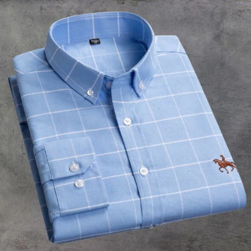 Men's white blue striped cotton dress shirt with subtle chest embroidery, slim office casual fit