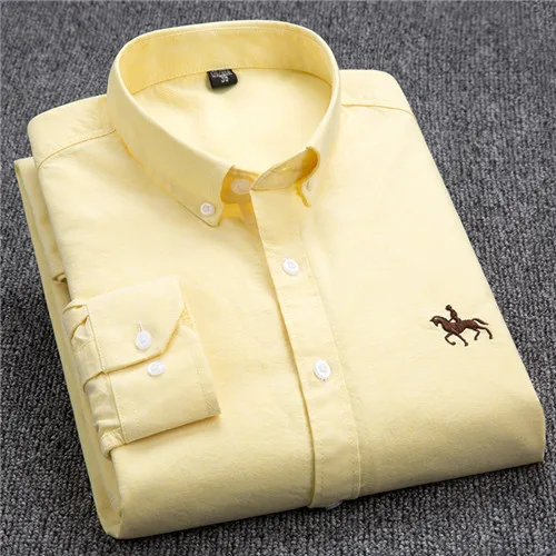 Men's blue white striped cotton dress shirt with subtle chest embroidery, office casual fit