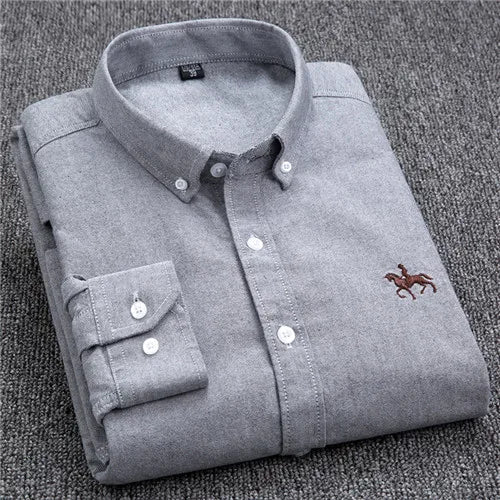 Men's white blue striped cotton dress shirt with subtle chest embroidery, slim office casual fit