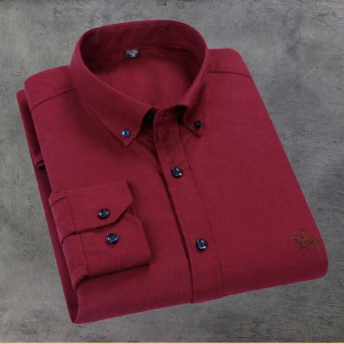 Men's blue white striped cotton dress shirt with subtle chest embroidery, slim office casual fit