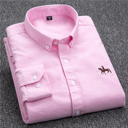 Men's blue white striped cotton dress shirt with subtle chest embroidery, slim office casual fit