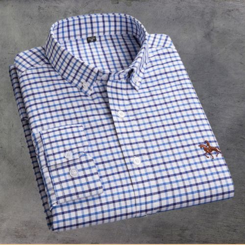 Men's blue white striped cotton dress shirt with subtle chest embroidery, breathable office casual fit