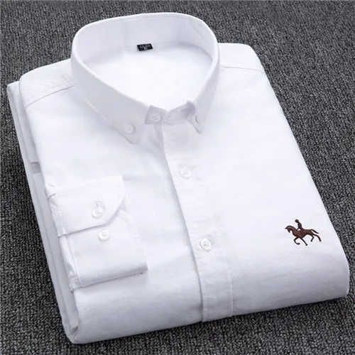 Men's blue white striped cotton dress shirt with subtle chest embroidery, slim office casual fit