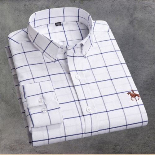 Men's blue white striped cotton dress shirt with subtle chest embroidery, breathable office casual fit