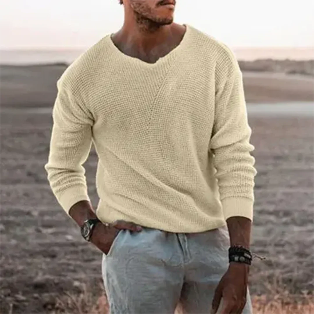 Men's relaxed fit V-neck pullover sweater ribbed knit long sleeves casual cotton blend everyday wear