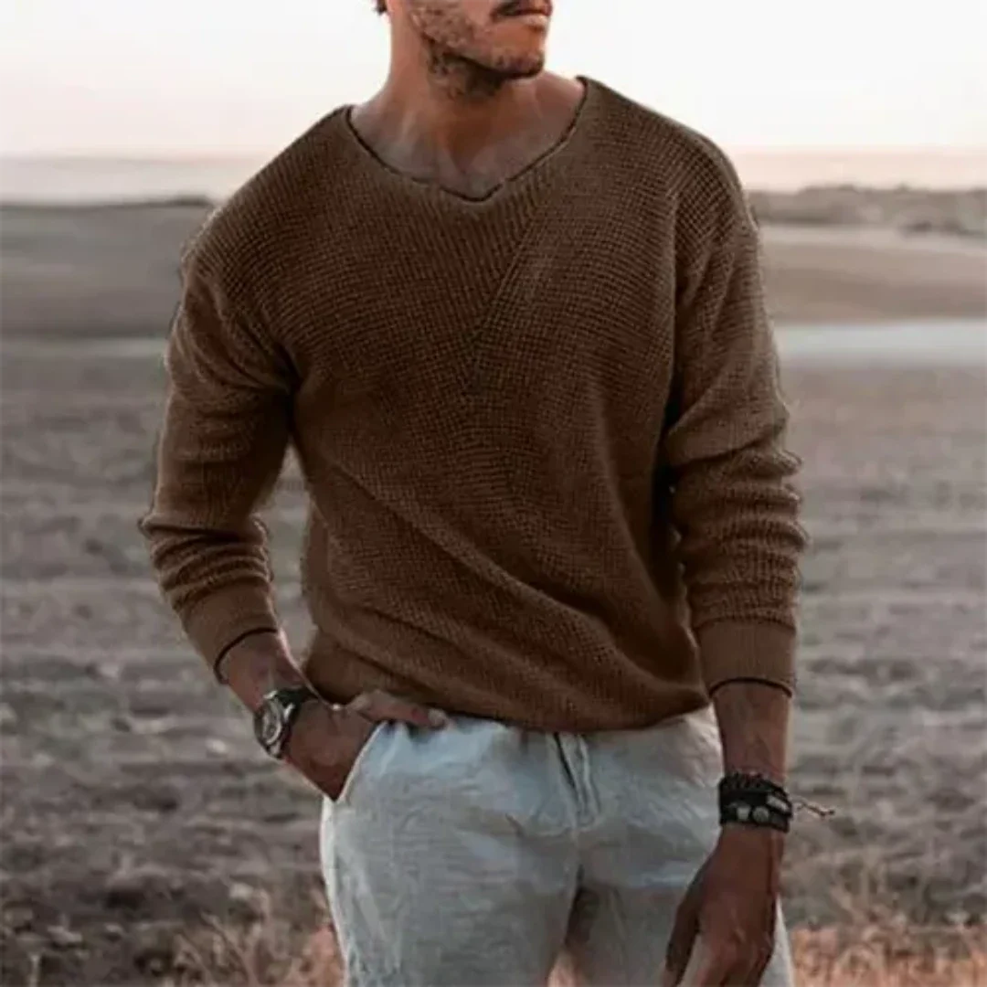 Men's relaxed fit V-neck pullover sweater ribbed knit long sleeves casual cotton blend everyday wear