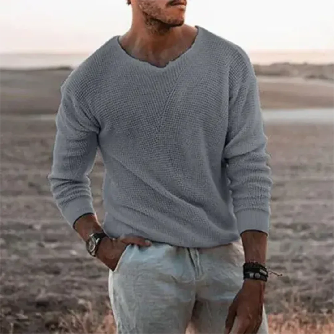 Men's relaxed fit V-neck pullover sweater ribbed knit long sleeve casual cotton blend