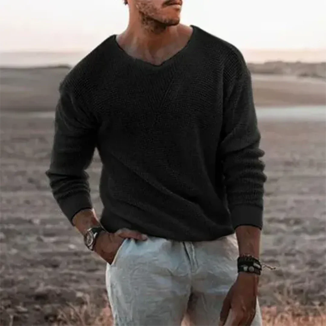 Men's relaxed fit V-neck pullover sweater ribbed knit long sleeves casual cotton blend everyday wear