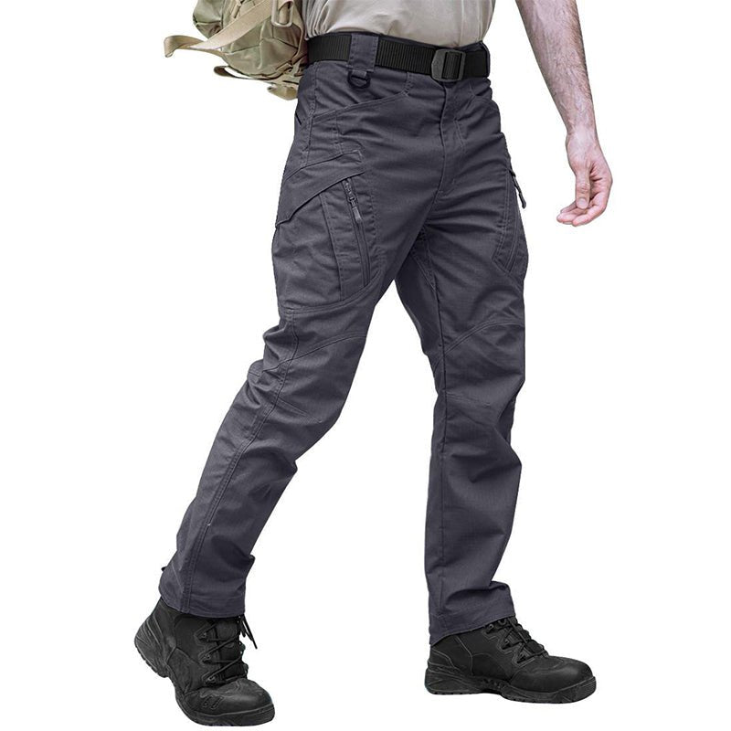 Men's water-resistant tactical cargo pants, khaki grid-weave fabric, 9-pocket hiking outdoor fit