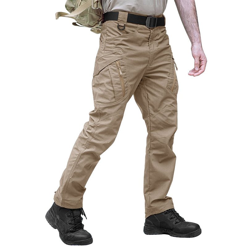 Men's water-resistant tactical cargo pants, grid weave fabric, 9-pocket hiking outdoor style