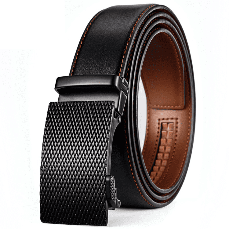 Men's premium leather belt adjustable fit with distinctive textured buckle stylish durable brown classic