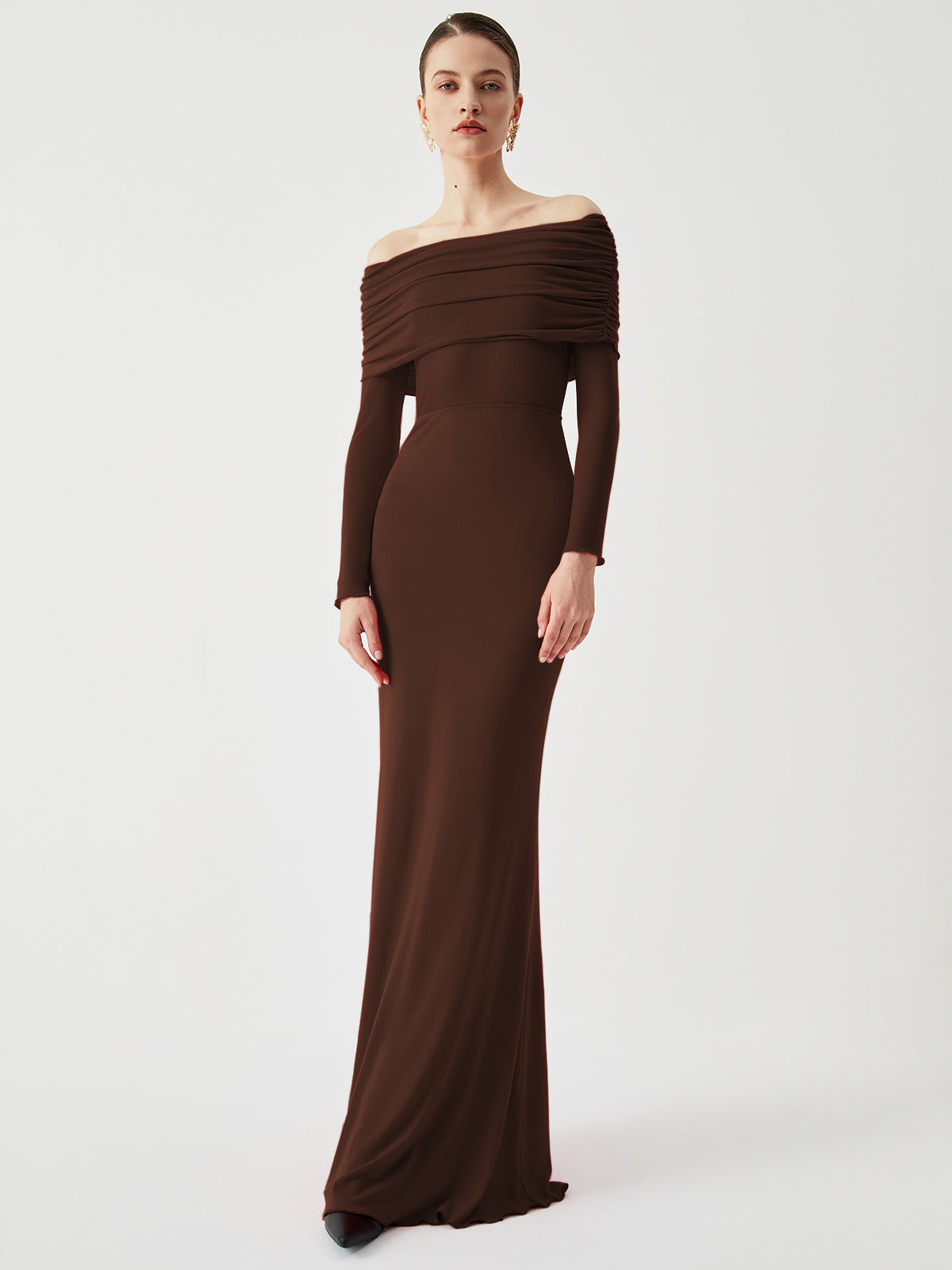 Elegant off-shoulder mesh maxi dress with long sleeves and draped overfold neckline for women