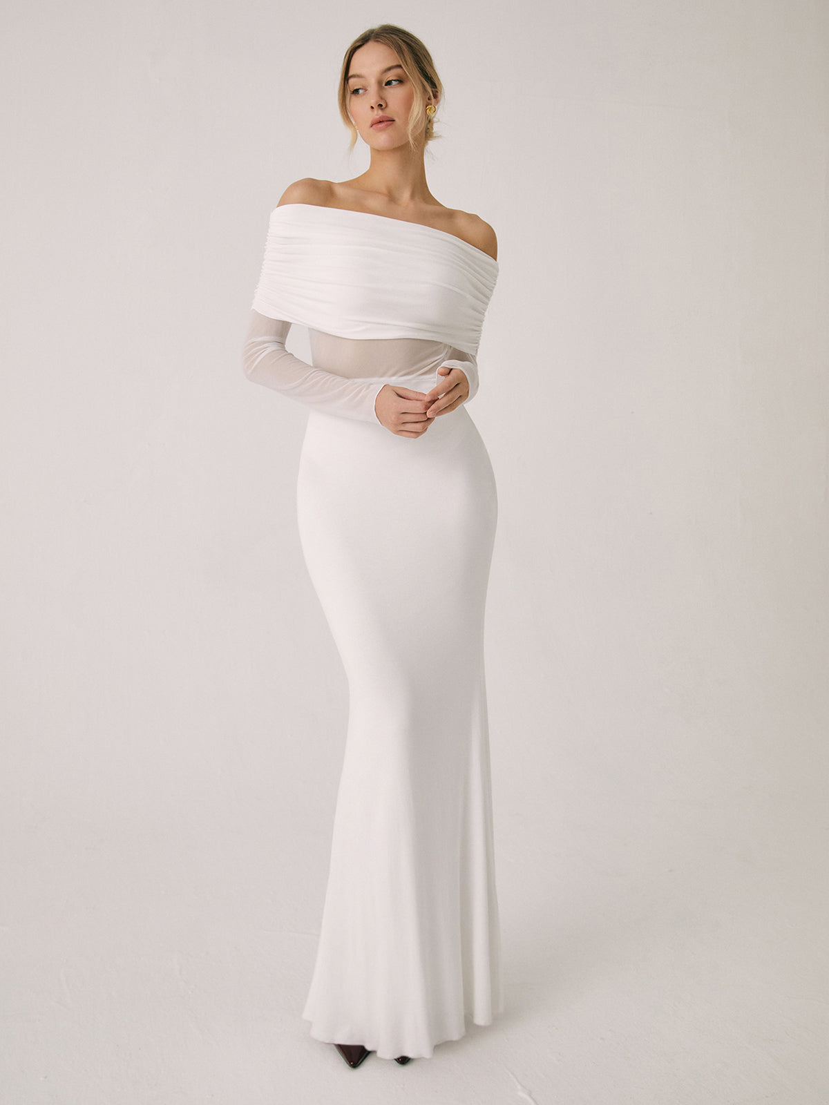 Elegant off-shoulder mesh maxi dress with long sleeves and draped overfold neckline for women