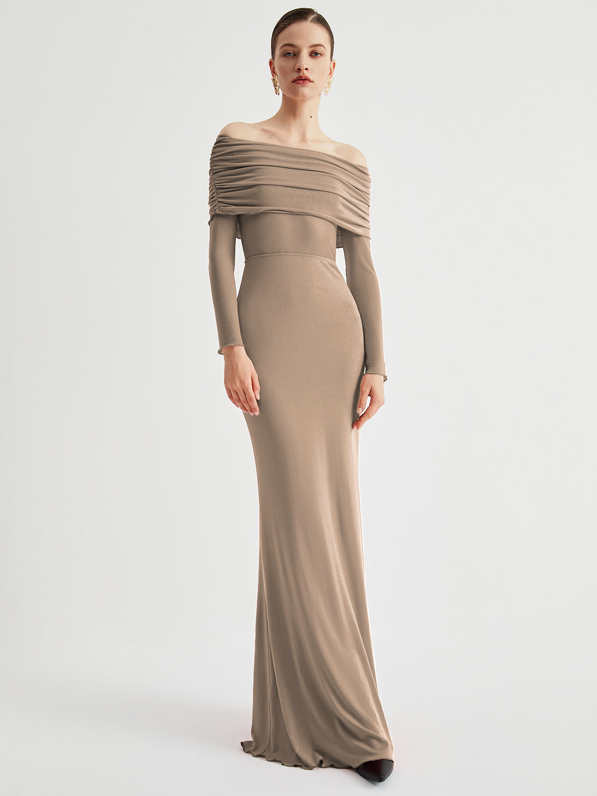 Elegant off-shoulder mesh maxi dress with long sleeves and draped overfold neckline for women