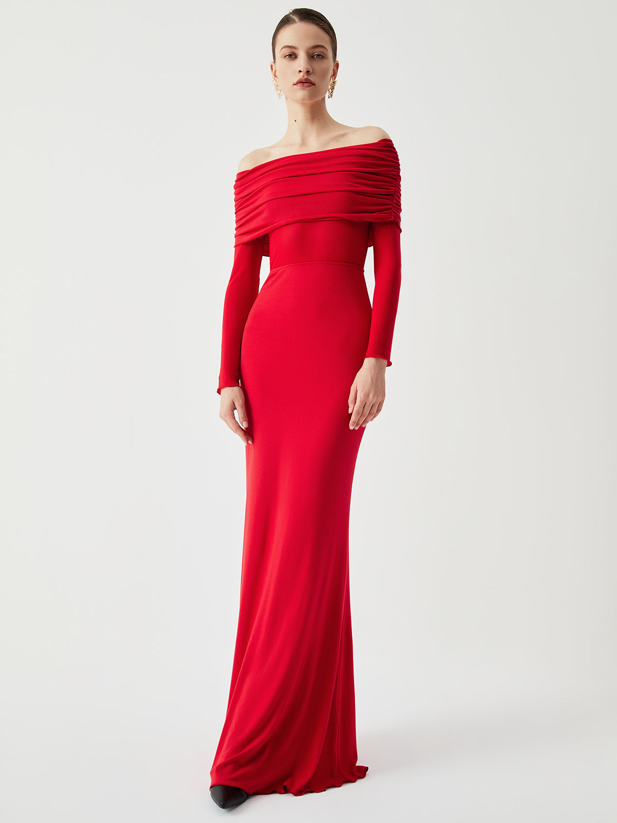 Elegant off-shoulder mesh maxi dress with long sleeves and draped overfold neckline for women