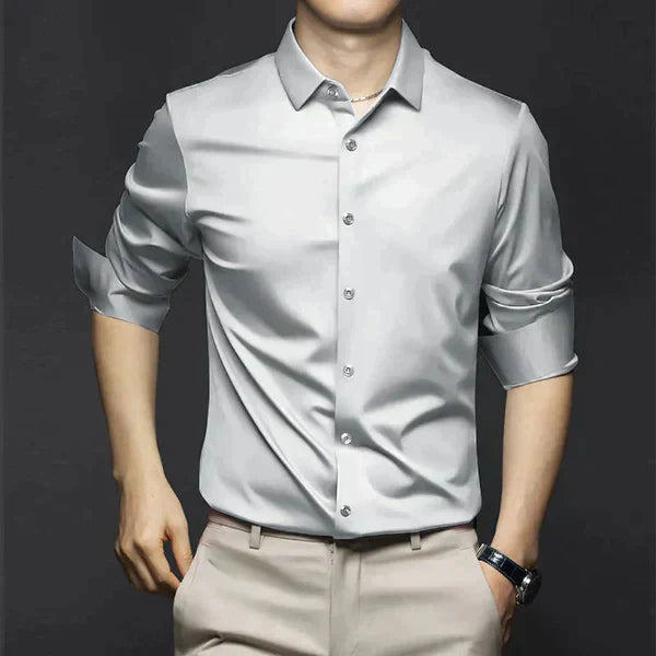 Men's white non-iron dress shirt slim fit wrinkle-free fabric for office professional wear