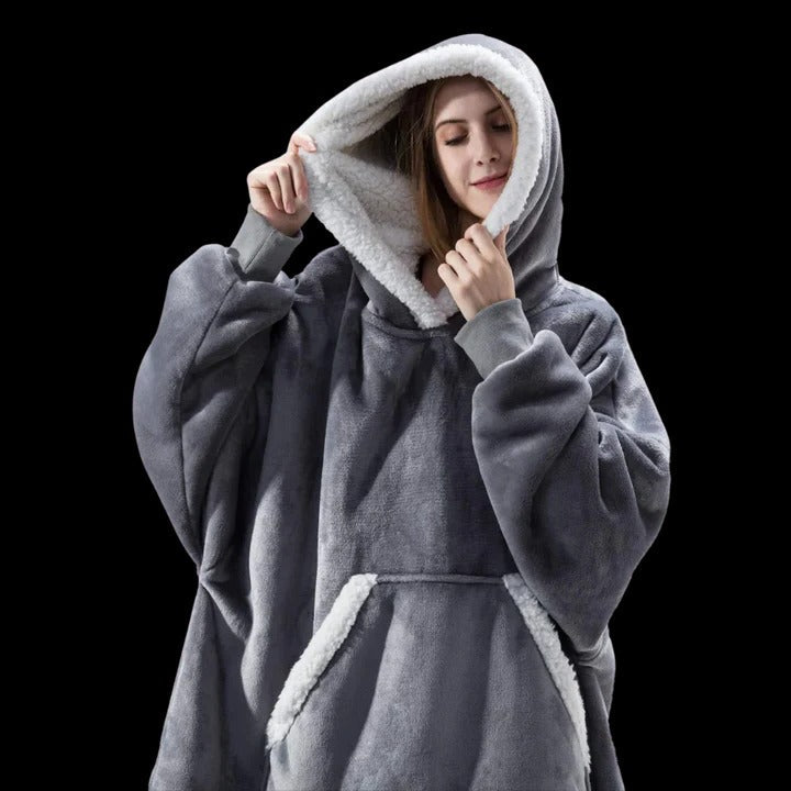 Oversized wearable blanket hoodie in plush fleece, ultra-cozy hooded loungewear with giant fit