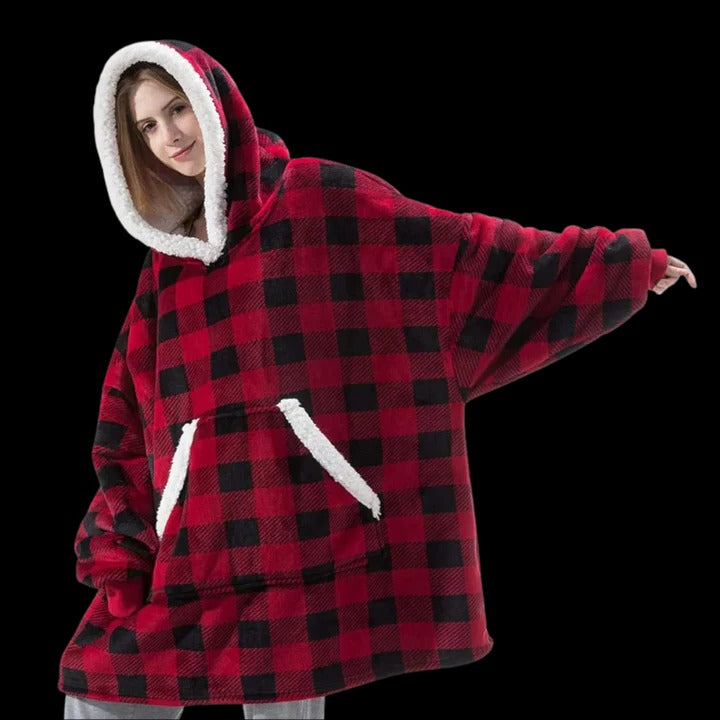 Oversized wearable blanket hoodie in plush fabric, ultra-cozy hooded design for indoor and outdoor lounging