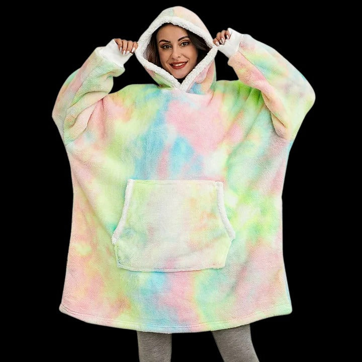 Oversized wearable blanket hoodie in plush fabric, ultra-cozy hooded design for home and outdoor lounging