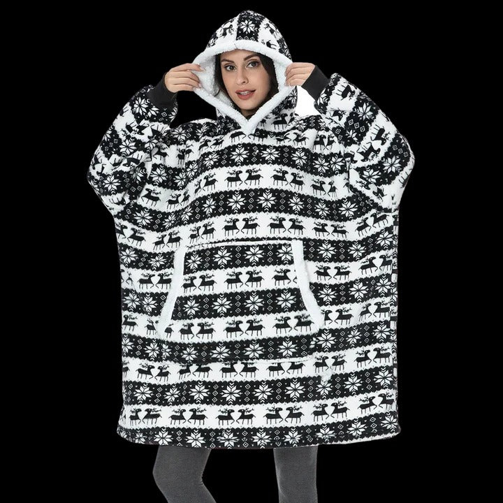 Oversized wearable blanket hoodie in plush fabric, ultra-cozy hooded loungewear with giant fit