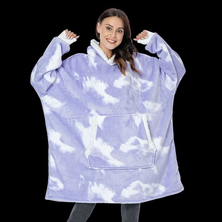 Oversized wearable blanket hoodie in plush fleece, giant cozy fit with built-in hood for lounging