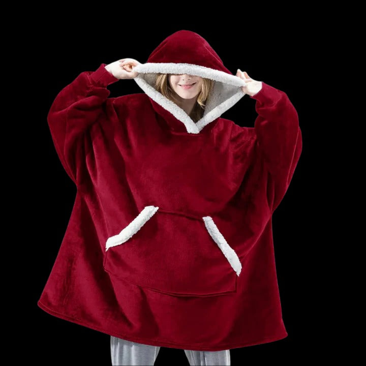 Oversized wearable blanket hoodie in plush fleece, ultra-cozy giant fit with built-in hood