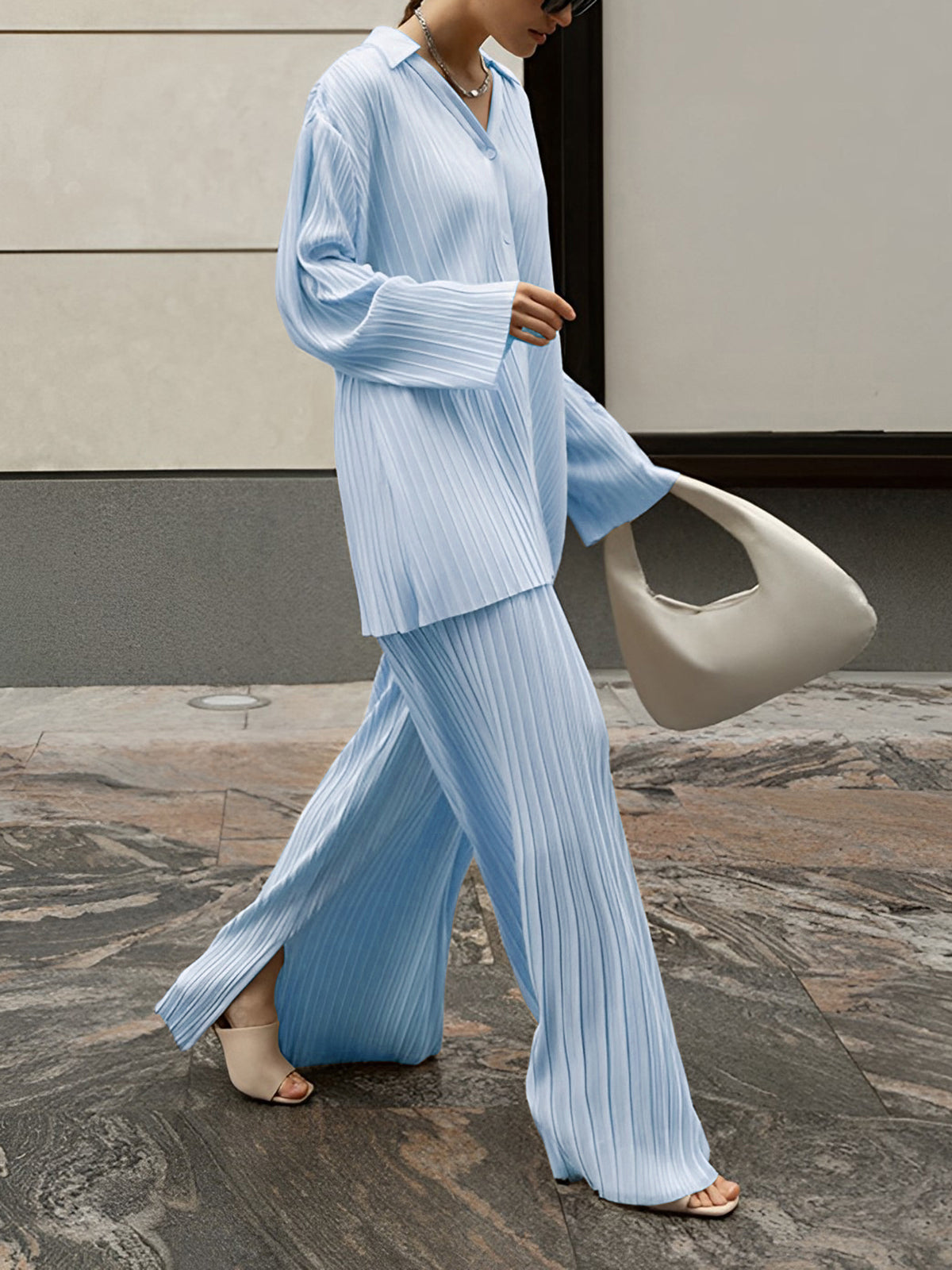 Women oversized pleated two-piece pants set casual loose-fit coordinated lounge outfit with pockets