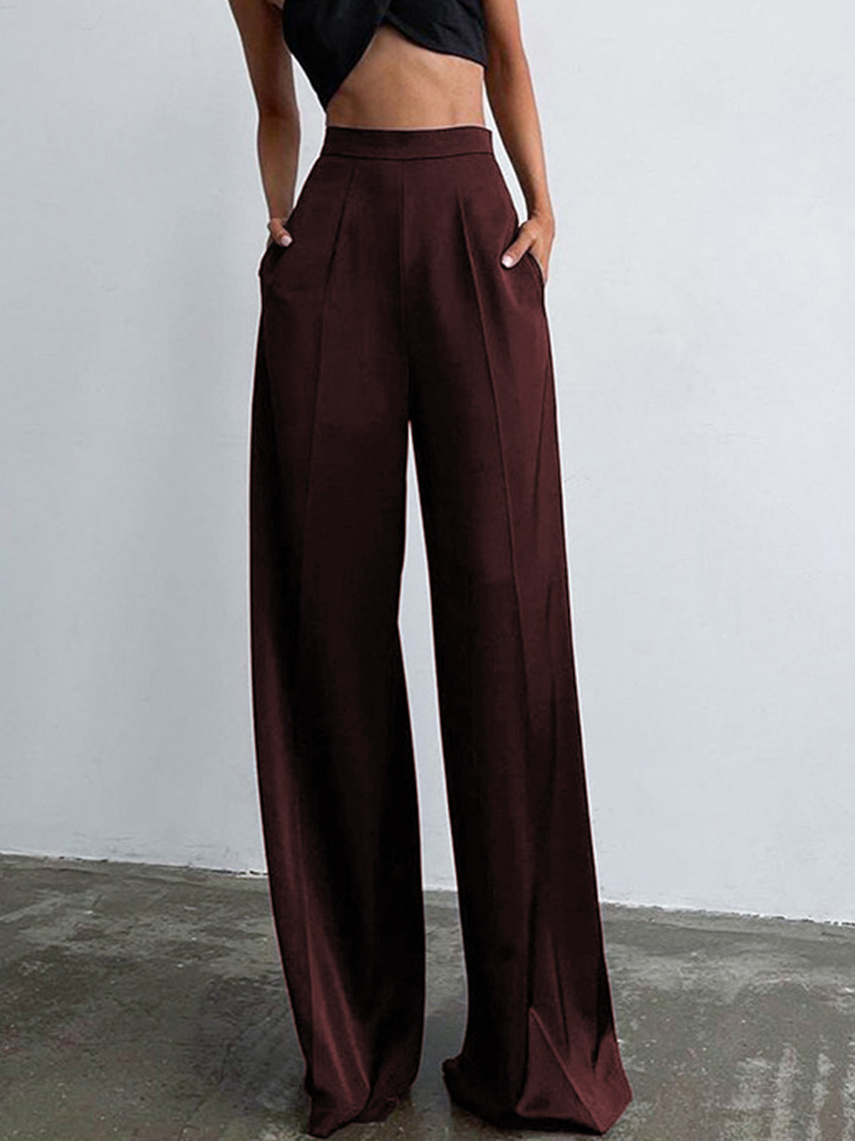 Women's satin wide leg dress pants oversized relaxed fit with lustrous sheen, polished draped silhouette