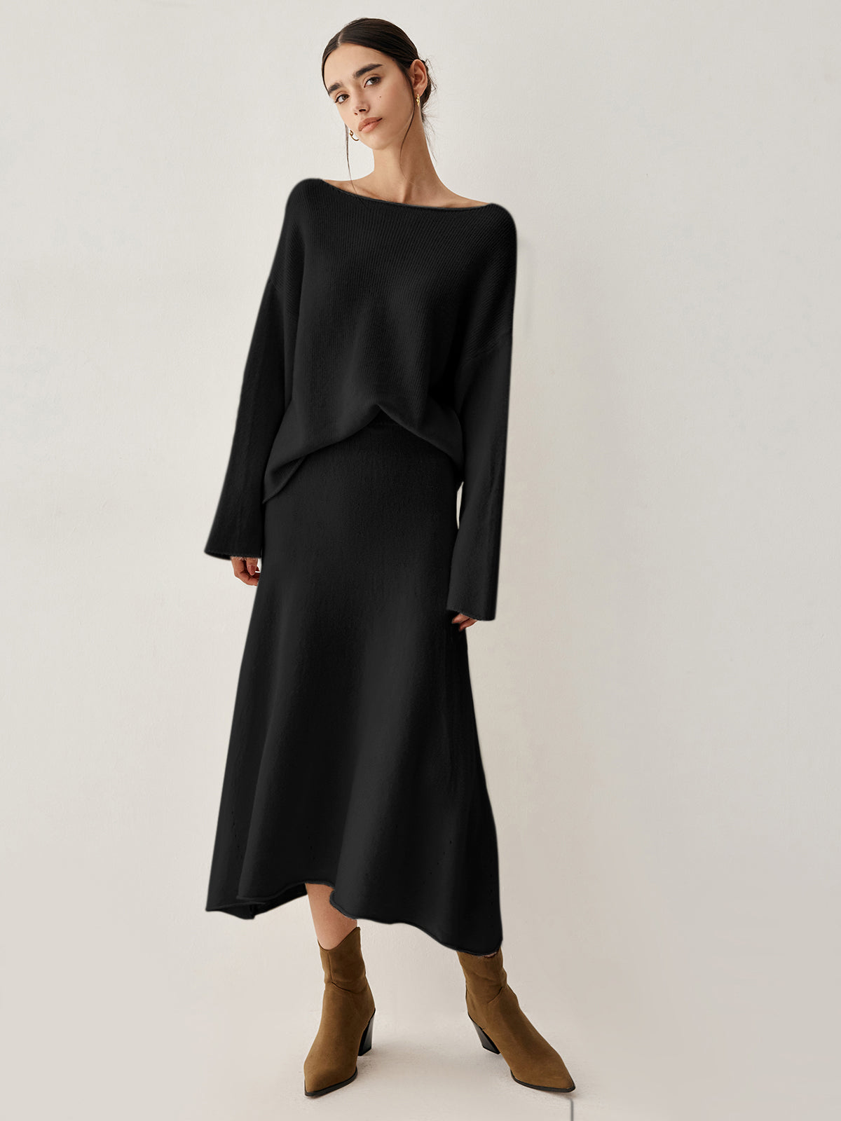 Women's oversized acrylic knit sweater and midi skirt two-piece set in cozy co-ord style
