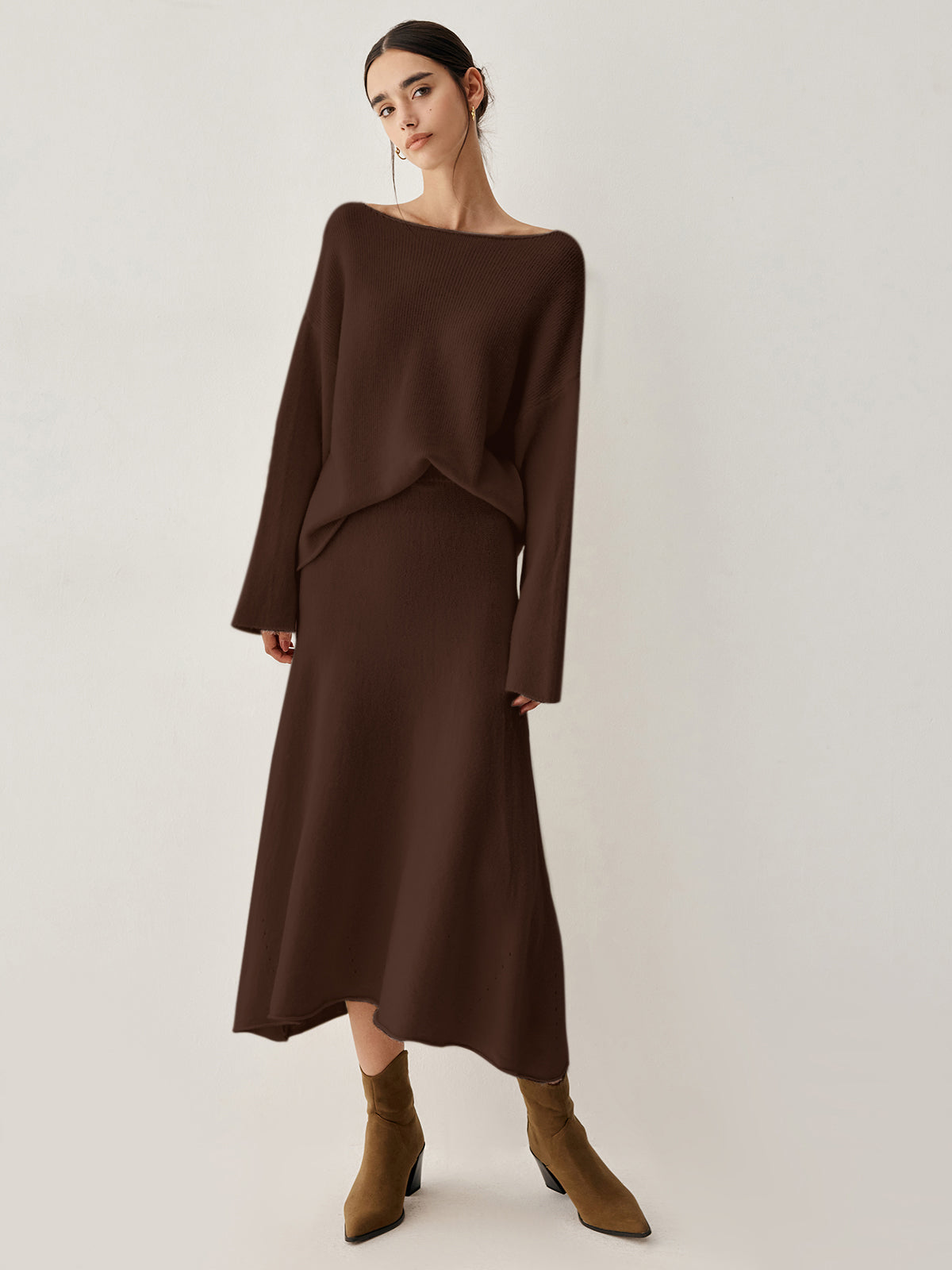 Women's oversized acrylic knit sweater and midi skirt two-piece set in cozy co-ord style